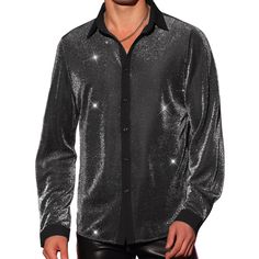 Shining texture fabric creates a sparkling and reflective surface, adding a touch of glamour to your outfit. The shirts can ce styled with jeans, punk pants for a versatile and trendy outfit. Sparkle dress shirts can be worn for casual outings, parties, or even as part of a performance costume. Great gift for your friend, boyfriend, and your father. Fitted Shirt For Winter Party, Fitted Winter Party Shirt, Winter Party Fitted Shirt, Black Party Shirt For Winter, Winter Party Black Shirt, Winter Party Slim Fit Tops, Slim Fit Party Shirt For Fall, Long Sleeve Party Shirt For Party Season, Long Sleeve Party Shirt