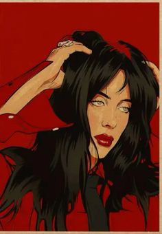 a painting of a woman with long black hair and red lipstick, holding her hands to her head