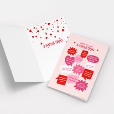 two valentine's day greeting cards with hearts and confetti on the inside