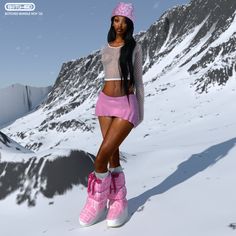 a woman standing in the snow wearing pink boots and a mesh top with her hands on her hips