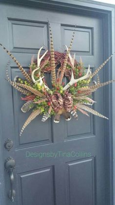 an antler wreath on the front door