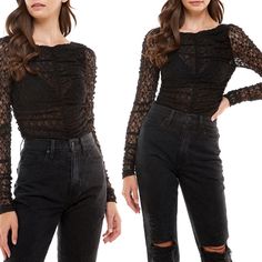 New With Tags! Wayf Claude Black Ruched Long Sleeve Lace Bodysuit. Size Small. Sheer Black Lace With Flattering Ruched Detailing On The Bodice And Arms. Snap Closure. Smoke Free Clean Home, Any Questions Lmk! Material: 90% Polyester, 10% Spandex Tags: Lace, Bodysuit, Sheer, Sexy, Ruched, Going Out, Party, Cocktail, Special Occasion, Stretch, Classic Long Sleeve Ruched Bodysuit For Night Out, Spring Ruched Bodysuit For Night Out, Ruched Bodysuit For Night Out In Spring, Chic Black Ruched Bodysuit, Body Suit Outfits Night Out, Long Sleeve Lace Bodysuit, Lace Bodysuit Outfit, Outfits Night Out, Black Lace Bodysuit