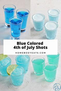 blue colored shots in glasses with lemon wedges on the side and text overlay that reads, blue colored 4th of july shots