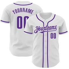 Custom White Purple Authentic Baseball Jersey White Jersey With Letter Print For Baseball Season, White Jersey With Baseball Collar For Sports Events, White Baseball Jersey With Team Name For Game Day, White Team Spirit Baseball Jersey For Sports Events, College Team Spirit White Baseball Jersey, White College Baseball Jersey With Team Logo, White Baseball Jersey With Team Name, Game Day White Baseball Jersey With Team Name, White Baseball Jersey With Team Logo For College