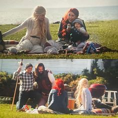 two pictures of people sitting on the grass