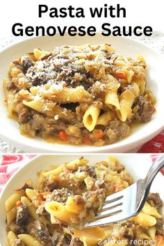 pasta with genovee sauce in a white bowl and on a red checkered tablecloth