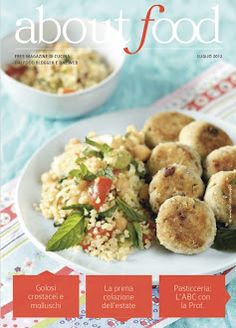 a magazine cover with some food on the plate and two bowls in the background,