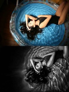 two pictures of a woman laying in a pool with the caption's name on it