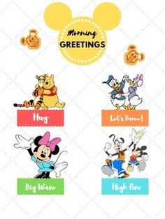 the mickey mouse greetings are shown in different colors