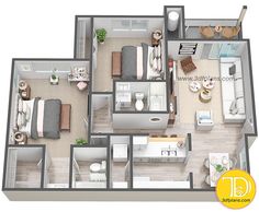 the floor plan of a two bedroom apartment with an attached kitchen and living room area