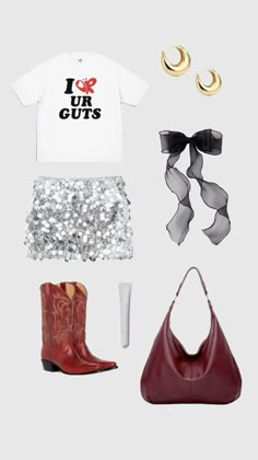 a woman's outfit and accessories including cowboy boots, t - shirt with i love our guts on it