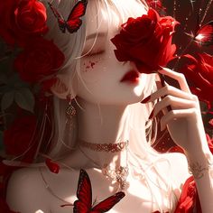 a beautiful woman with red roses and butterflies on her head, in front of a dark background