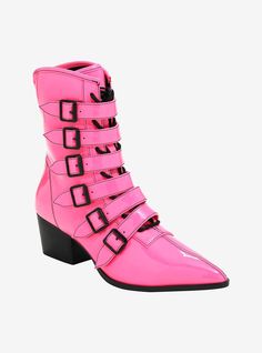 These hot pink patent faux leather boots will make a statement for you! From Strange Cvlt  the Coven boots have a pointed toe  low heel and striking black contrast stitching and buckles.Listed in women's sizes.2" heelPolyurethane upper; rubber soleImported Black And Pink Heart Boots, Hot Pink Womens Shoes, Pink Shoe Boots, All Black With Hot Pink Booties, Womens Pink Boots, Fashion Boots Men, Hot Pink Boots, Cool Clothes For Girls, Hot Pink Fashion