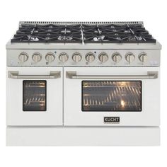 a white stove with four burners and two oven doors on each side, in front of a white background