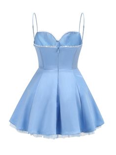 a light blue dress with white trims on the waist and straps at the bust