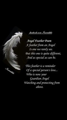 an angel feather poem written in white on a black background