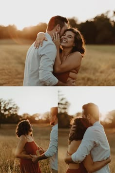 a man and woman hugging in a field at sunset