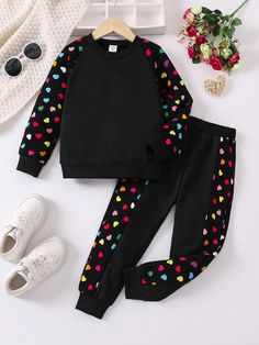 Young Girl Heart Printed Raglan Sleeve Sweatshirt And Pants Set Black Casual  Long Sleeve Knitted Fabric Heart,Polka Dot  Slight Stretch  Young Girls Clothing, size features are:Bust: ,Length: ,Sleeve Length: Winter Mode Outfits, Kids Dress Collection, Raglan Sleeve Sweatshirt, Sewing Baby Clothes, Baby Dress Patterns, Boys Clothes Style, Suit Fashion, Winter Fashion Outfits