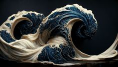 a sculpture made out of white and blue swirls on a black surface with a dark background