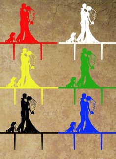 the silhouettes of two people and a dog are depicted in different colors on a wall