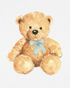 a watercolor painting of a teddy bear with a blue bow on it's neck