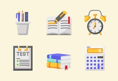 various school supplies are shown in this flat design style, including books, pencils and alarm clock