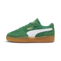 Straight From Our Archives, It's The Puma Palermo. This Classic Terrace Shoe Debuted In The 80's And Now, We've Brought It Back For The Fans. With Its Signature T-Toe Construction And Classic Gum Sole, This Version Features A Textile Upper With A Synthetic Puma Formstrip, Suede Overlays, And A Semi-Transparent Rubber Tooling. Features & Benefits Puma's Leather Products Support Responsible Manufacturing Via The Leather Working Group: Www. leatherworkinggroup. com Details Regular Fittextile Uppersuede Overlaysmesh Lininglace Closuresemi-Transparent Rubber Midsole And Outsolesynthetic Puma Formstrippuma Branding Details | Puma Palermo, Fenty X Puma, Vintage Sneakers, Sneakers Puma, The 80's, Leather Products, Semi Transparent, Palermo, Leather Working