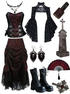 Gothic Elegance Outfits, Romantic Goth Vampire Aesthetic, Red Vampire Outfit Aesthetic, Vampire Ren Faire Outfit, Goth Types Chart, Vampiric Goth Outfits, Gothic Outfits Ideas, Goth Ideas Outfit, Black And Red Accessories