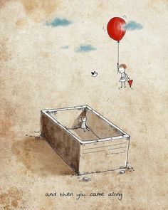 a drawing of a person floating in a box with a balloon attached to the side