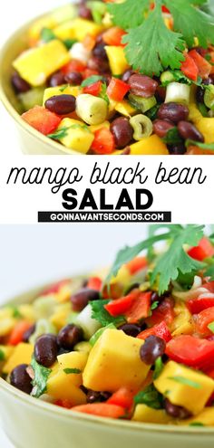 Mango Black Bean Salad in a bowl Black Bean Mango Salad Healthy, Black Bean And Mango Salad, Mango Fruit Salad Recipe, Mango Black Bean Salad Recipe, Fruit And Vegetable Salad Recipes, Mexican Mango Salad, Honey Mango Recipes, Mango Recipes Vegan