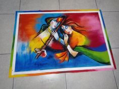 a painting on the ground with two women hugging each other