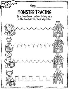 a monster tracer worksheet for kids to practice their handwriting and writing skills