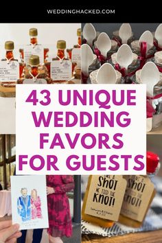 four unique wedding favors for guests to choose from, with text overlaying the image