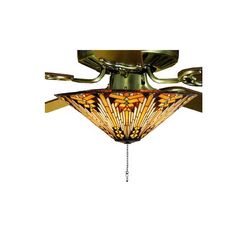 a ceiling fan with a stained glass shade on it's blades and two lights