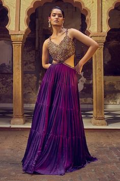 Bangani gown with resham, metal coin embroidered bodice and pleated detailing. - Aza Fashions Gowns Purple, Punit Balana, Gown For Women, Gown Pattern, Embroidered Bodice, Ladies Gown, Purple Satin, Silk Embroidery, Satin Silk