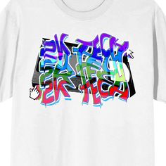 Celebrate your favorite decade with this 2K Tech tee. The shirt features an image of a VHS tape behind colorful letters that repeat the words, "2K Tech." The tee comes in a white short sleeve crew neck. Fans of the 90s will love this comfy cotton t-shirt. Urban Multicolor Graphic T-shirt, Urban Style Multicolor Graphic T-shirt, Multicolor Crew Neck T-shirt With Logo Print, Multicolor Crew Neck T-shirt For Streetwear, Multicolor Hip Hop Tops With Letter Print, Multicolor Logo Print Top For Streetwear, Multicolor Short Sleeve T-shirt For Streetwear, Urban Multicolor Graffiti Print T-shirt, Multicolor Letter Print Tops For Streetwear