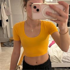 Light Orange Stretchy Material Never Worn, Perfect Condition Yellow Stretch Short Sleeve Crop Top, Yellow Fitted Tops For Everyday, Fitted Yellow Tops For Everyday, Fitted Yellow Scoop Neck Top, Primark Tops, Cropped Tee, Light Orange, Crop Tee, Stretchy Material