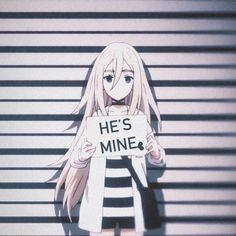 an anime character holding a sign that says he's mine in front of a jail cell