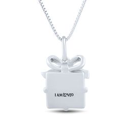 This delightful I Am Love gift box pendant is finely crafted in sterling silver and features a signature heart accent in 14K rose gold and sparkling diamond accents for added shine. | Gift Box Pendant Necklace with Diamond Accents | Sterling Silver and 14K Rose Gold | White | Size 18" | I Am Loved Rose Gold Necklace With Gift Box For Birthday, Rose Gold Rectangular Jewelry For Birthday Gift, Rectangular Rose Gold Jewelry For Birthday Gift, Jewelry With Gift Box For Birthday, Rose Gold Jewelry With Gift Box For Birthday, Silver Necklace For Valentine's Day With Gift Box, Rose Gold Jewelry In Gift Box For Birthday, Rose Gold Jewelry For Anniversary With Gift Box, Valentine's Day Jewelry Gift For Her In Gift Box