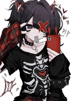 an anime character with black hair holding a red cell phone