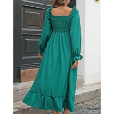 Green Pleated Square Neck Ruffled Casual Dress Fall Ruffle Midi Length Dress, Fall Ruffle Midi Dress, Fall Midi Dress With Ruffles And Square Neck, Green Midi Dress With Ruffle Hem For Fall, Billowy Ruffled Midi Dress For Brunch, Billowy Midi Dress With Ruffles For Brunch, Solid Color Ruffled Midi Dress For Fall, Solid Ruffled Midi Dress For Fall, Solid Midi Dress With Ruffles For Fall