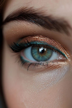 Rose Gold And Teal Contrast Eyeshadow Ideas For Rose Gold Turquoise And Gold Eye Makeup, Rose Gold And Teal Eye Makeup, Gold Smoky Eyeshadow Tutorial, Colorful Eyeshadow For Blue Eyes, Teal Wedding Makeup, Teal Smokey Eye, Green Makeup Blue Eyes, Makeup For Turquoise Dress, Rust Eyeshadow Looks