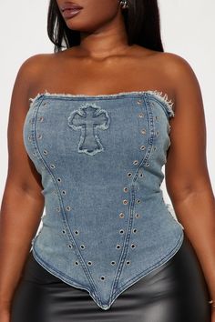 Available In Medium Wash. Denim Corset Top Strapless Cross Detail Grommet Detail Distressed Back Zipper Closure Partially Stretch Disclaimer: Due To The Specialized Wash & Distressing Process, Each Garment Is Unique. 55% Cotton 31% Polyester 9% Rayon 3% Other Fiber 2% Spandex Imported | Cross Your Heart Denim Corset Top in Medium Wash size XS by Fashion Nova Fitted Y2k Denim Top, Fitted Denim Y2k Top, Trendy Fitted Strapless Denim Vest, Fitted Y2k Denim Blue Top, Fitted Y2k Denim Blue Denim Top, Fitted Denim Blue Y2k Top, Fitted Y2k Style Denim Top, Y2k Fitted Denim Top, Fitted Y2k Style Denim Blue Denim Top