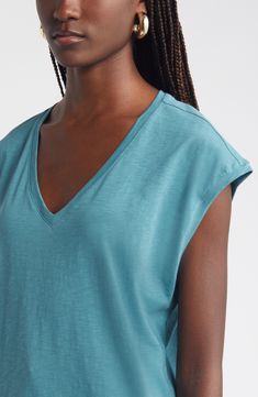 Supersoft pima cotton brings elevated comfort to a sleeveless V-neck T-shirt you'll want in every color. V-neck Sleeveless 100% pima cotton Machine wash, tumble dry Made in Peru Everyday Cotton V-neck Tank Top, Green Cotton V-neck Tank Top, Nordstrom Short Sleeve Tops For Summer, Everyday V-neck Tank Top, Nordstrom Cotton Summer Tops, Spring Nordstrom Relaxed Fit Tops, Nordstrom Relaxed Fit Tops For Spring, Cotton V-neck Tank Top, Relaxed Fit Cotton V-neck Tank Top