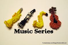 the word music series written in crochet on a white background with four different colors