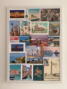 a collage of postcards is displayed on a wall