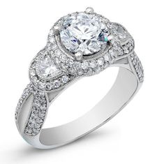 4.39 Ct. Round Brilliant Cut W/ Half Moon Diamond Engagement Ring F, VS2 Round Diamond Engagement Rings Halo, 3 Stone Diamond Ring, Elegant Engagement Rings, Side Stone Engagement Ring, Art Deco Engagement, Engagement Rings Round, Round Diamond Engagement Rings, Deco Engagement Ring, Art Deco Engagement Ring