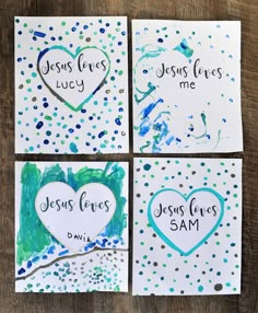 four handmade cards with the words jesus loves me and jesus loves sam written on them