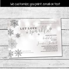 a silver snowflake christmas party card with the words let love sparkle on it