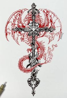 a drawing of a cross with a dragon on it and a pen next to it